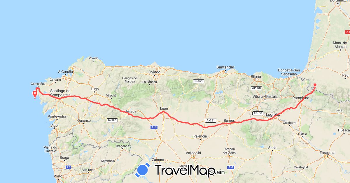 TravelMap itinerary: hiking in Spain, France (Europe)